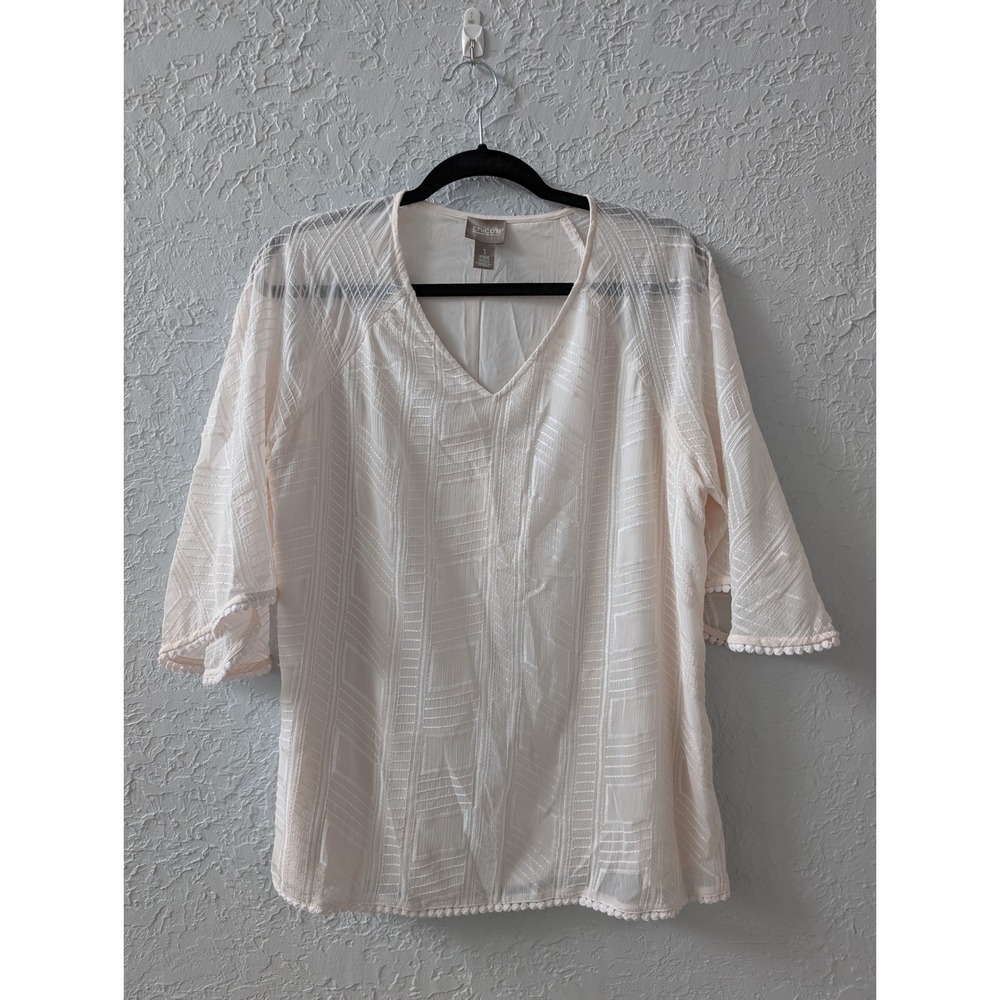 Chico's V-Neck Blouse Women 1 M Pink Pom Pom Trim Bell Sleeve Top Coastal Boho